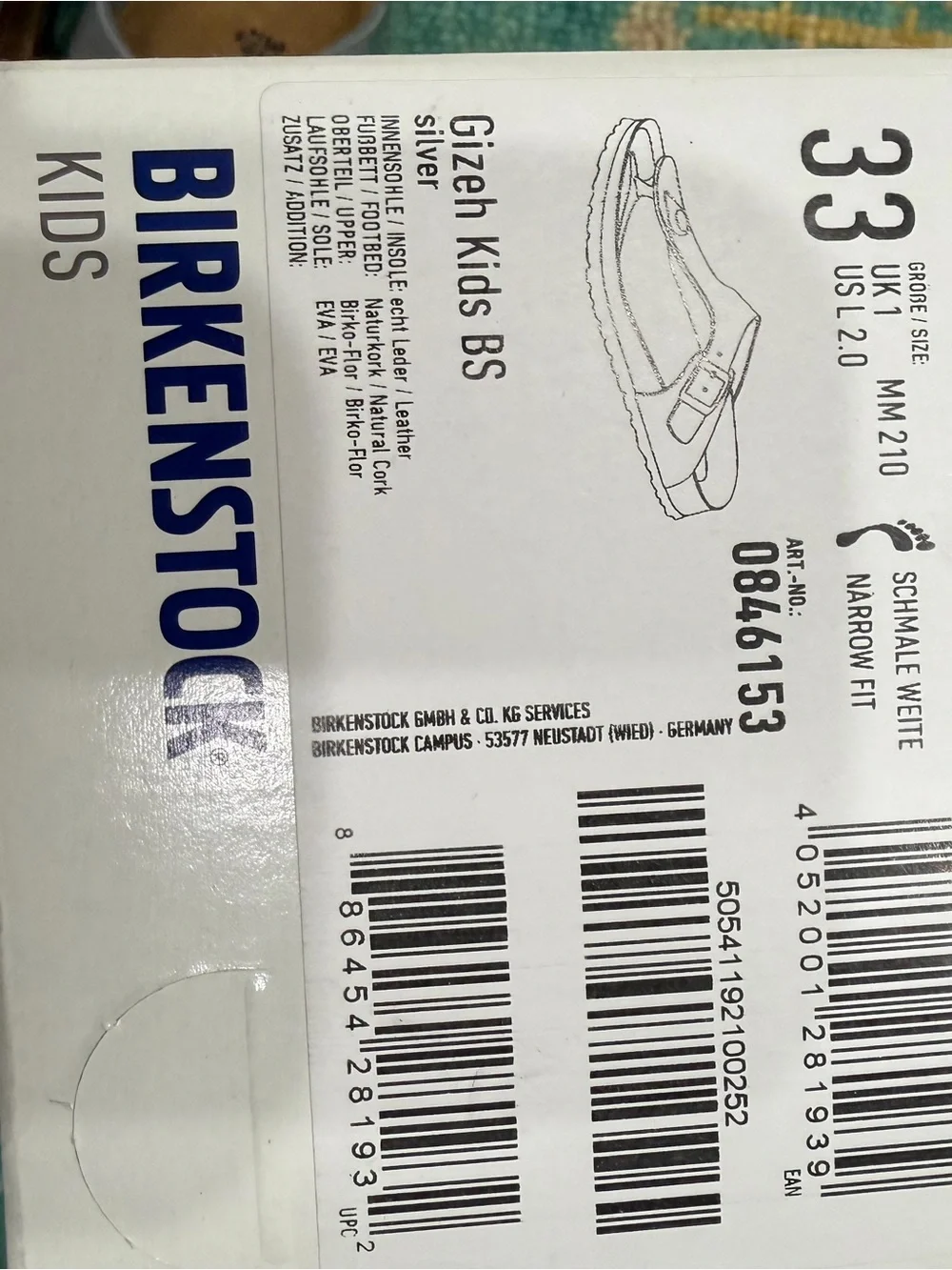 Birkenstock Kids Gizeh Metallic Silver Thong Sandals New in Box size 33